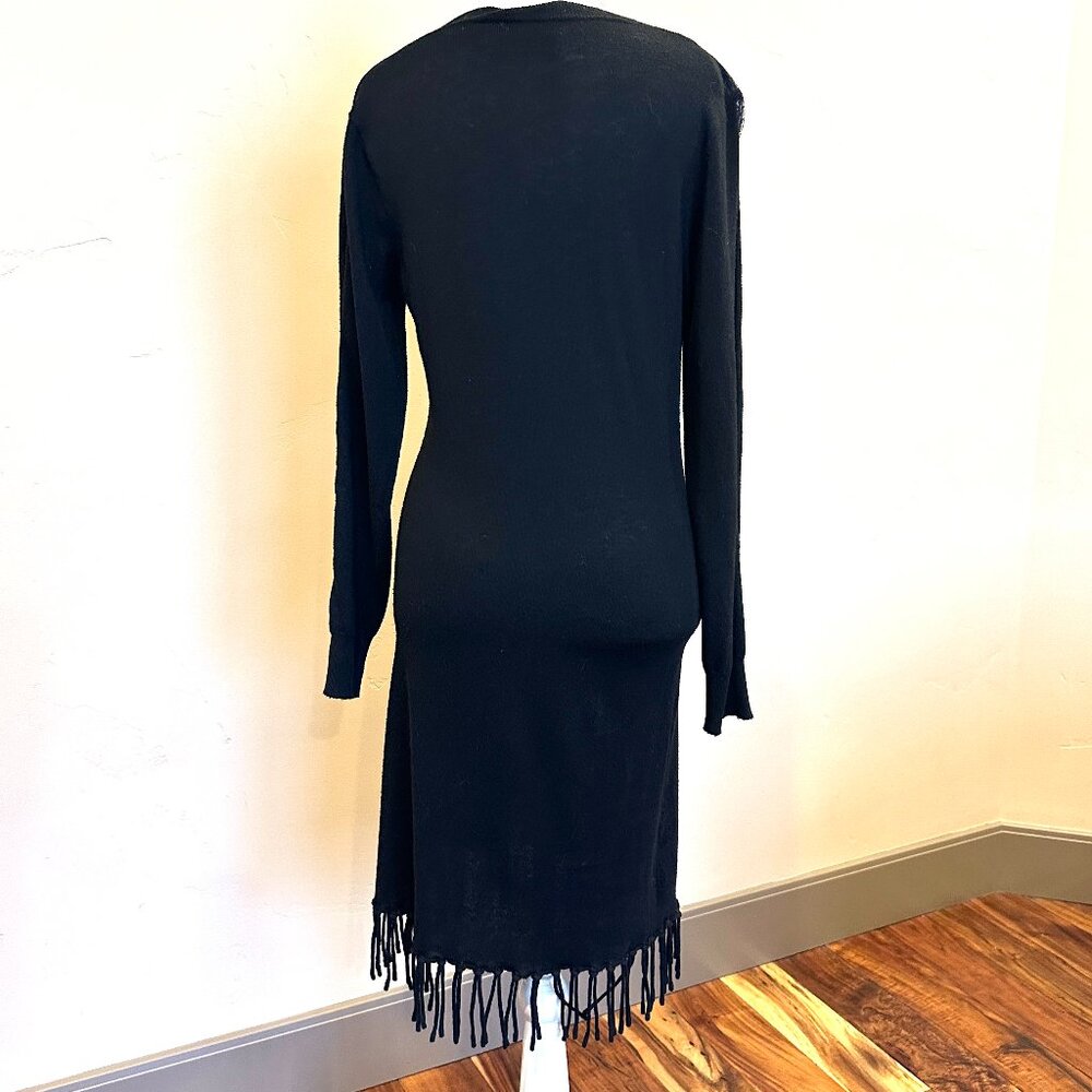 NWOT CANDELA BLACK FRINGE KNIT DRESS WITH LACE SLEEVES MEDIUM - Picture 3 of 7
